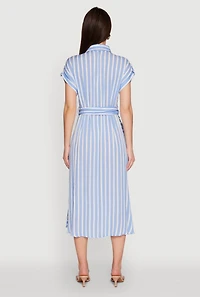 Womens Chic Striped Shirt Dress with O Ring Tie Waist Belt, Blue, Size L