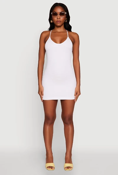 Womens Seamless Rib Knit Scoop Neck Racerback Cami Dress, White, Size L-XL