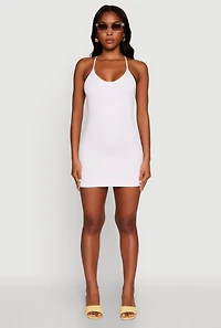 Womens Seamless Rib Knit Scoop Neck Racerback Cami Dress, White, Size L-XL