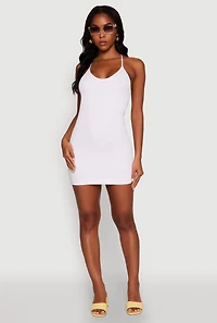 Womens Seamless Rib Knit Scoop Neck Racerback Cami Dress, White, Size L-XL