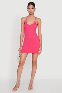 Womens Seamless Rib Knit Scoop Neck Racerback Cami Dress, Pink, Size L-XL