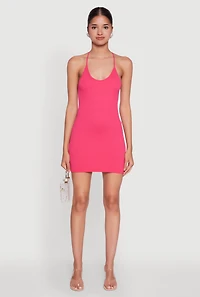 Womens Seamless Rib Knit Scoop Neck Racerback Cami Dress, Pink, Size L-XL