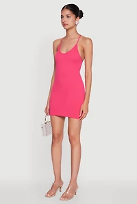 Womens Seamless Rib Knit Scoop Neck Racerback Cami Dress, Pink, Size L-XL