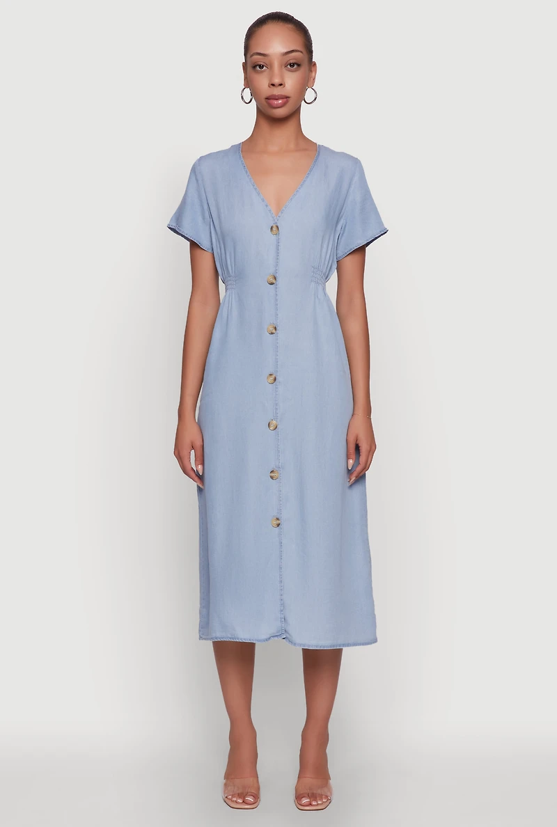 Womens Chic Short Sleeve V-Neck Shirt Dress with Button Front, Blue,