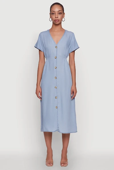 Womens Chic Short Sleeve V-Neck Shirt Dress with Button Front, Blue,