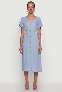 Womens Chic Short Sleeve V-Neck Shirt Dress with Button Front, Blue,