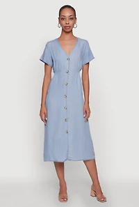 Womens Chic Short Sleeve V-Neck Shirt Dress with Button Front, Blue, Size L