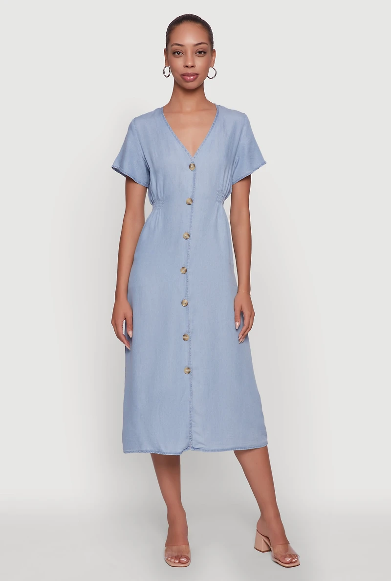 Womens Chic Short Sleeve V-Neck Shirt Dress with Button Front, Blue,