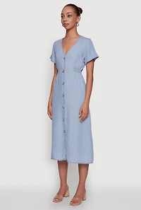 Womens Chic Short Sleeve V-Neck Shirt Dress with Button Front, Blue, Size L