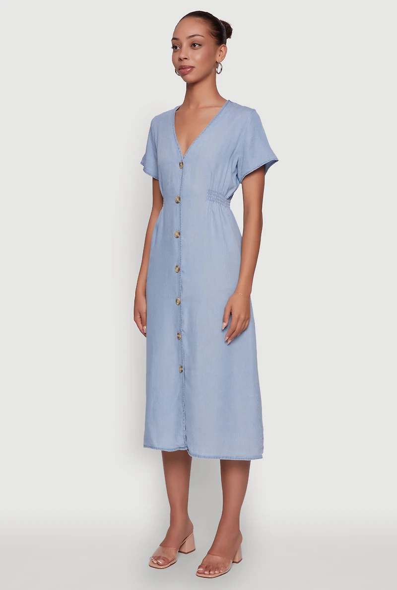 Womens Chic Short Sleeve V-Neck Shirt Dress with Button Front, Blue,