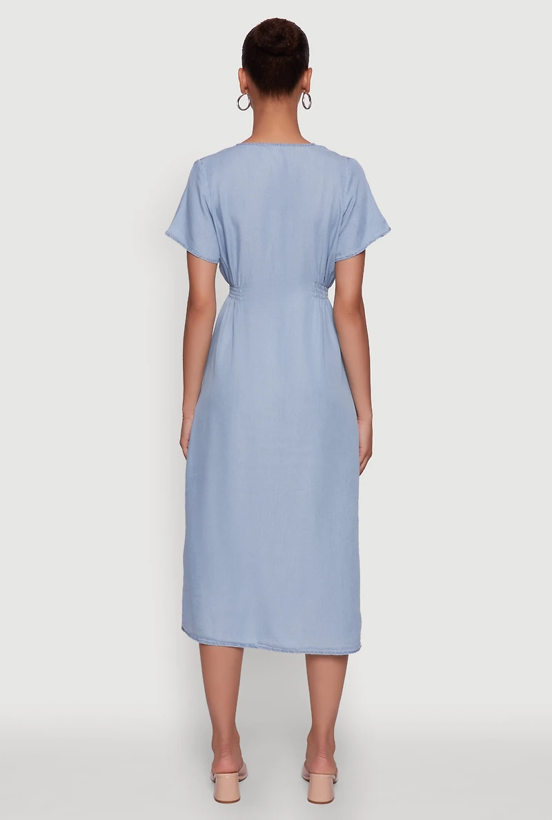 Womens Chic Short Sleeve V-Neck Shirt Dress with Button Front, Blue,