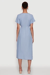 Womens Chic Short Sleeve V-Neck Shirt Dress with Button Front, Blue,