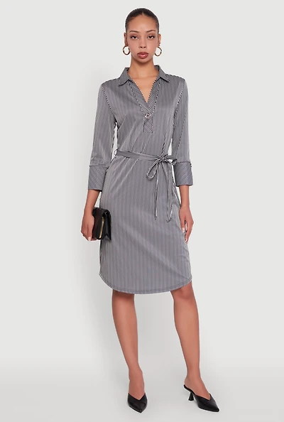 Womens Classic Fit Striped Midi Dress with Tie Waist Belt, Multi, Size M