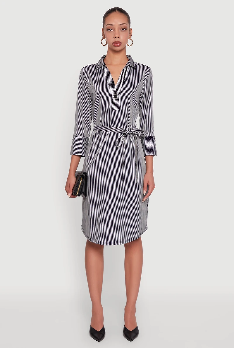 Womens Classic Fit Striped Midi Dress with Tie Waist Belt, Multi, Size M