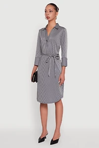 Womens Classic Fit Striped Midi Dress with Tie Waist Belt, Multi, Size M