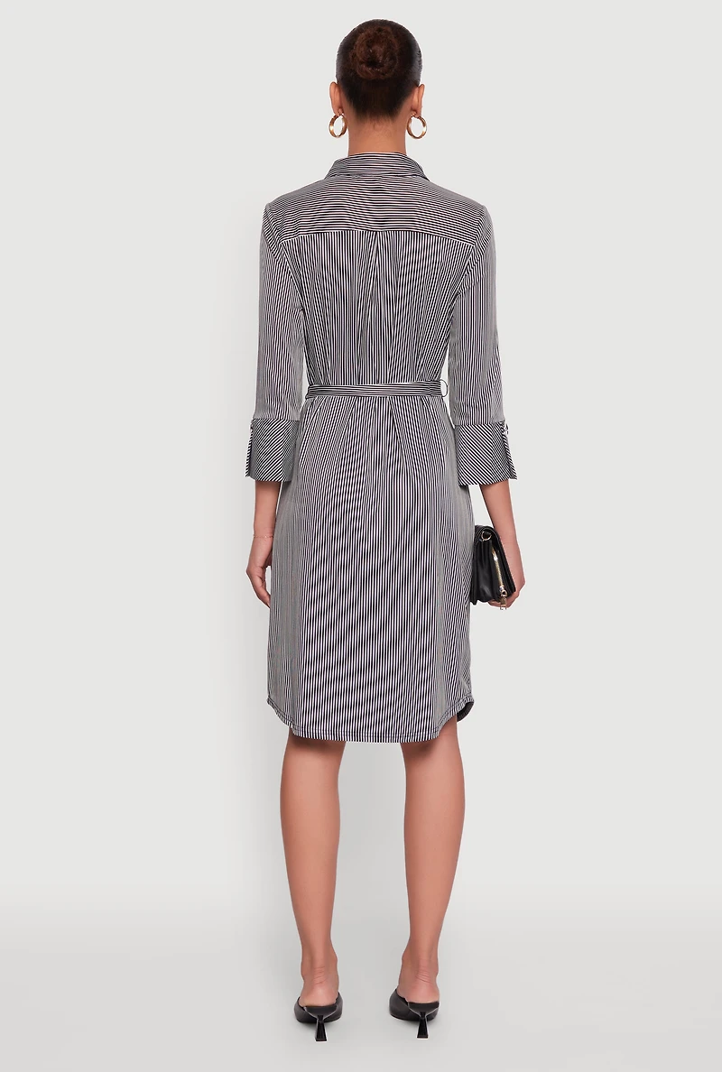 Womens Classic Fit Striped Midi Dress with Tie Waist Belt, Multi, Size M