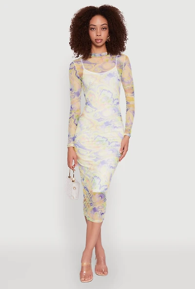 Womens Marble Print Mesh Long Sleeve Midi Dress, Multi, Size M