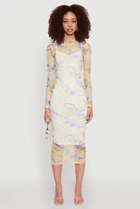 Womens Marble Print Mesh Long Sleeve Midi Dress, Multi, Size M