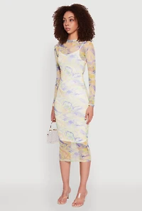 Womens Marble Print Mesh Long Sleeve Midi Dress, Multi, Size M