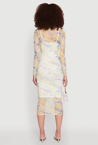 Womens Marble Print Mesh Long Sleeve Midi Dress, Multi, Size M