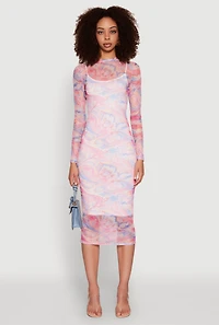 Womens Marble Print Mesh Long Sleeve Midi Dress, Multi, Size S