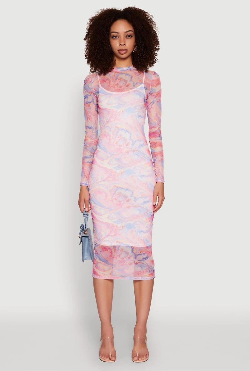 Womens Marble Print Mesh Long Sleeve Midi Dress, Multi, Size S