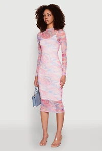 Womens Marble Print Mesh Long Sleeve Midi Dress, Multi, Size S