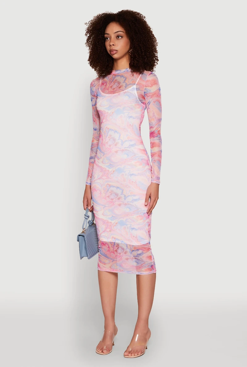 Womens Marble Print Mesh Long Sleeve Midi Dress, Multi, Size S