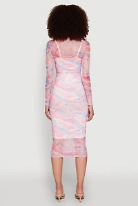 Womens Marble Print Mesh Long Sleeve Midi Dress, Multi, Size S