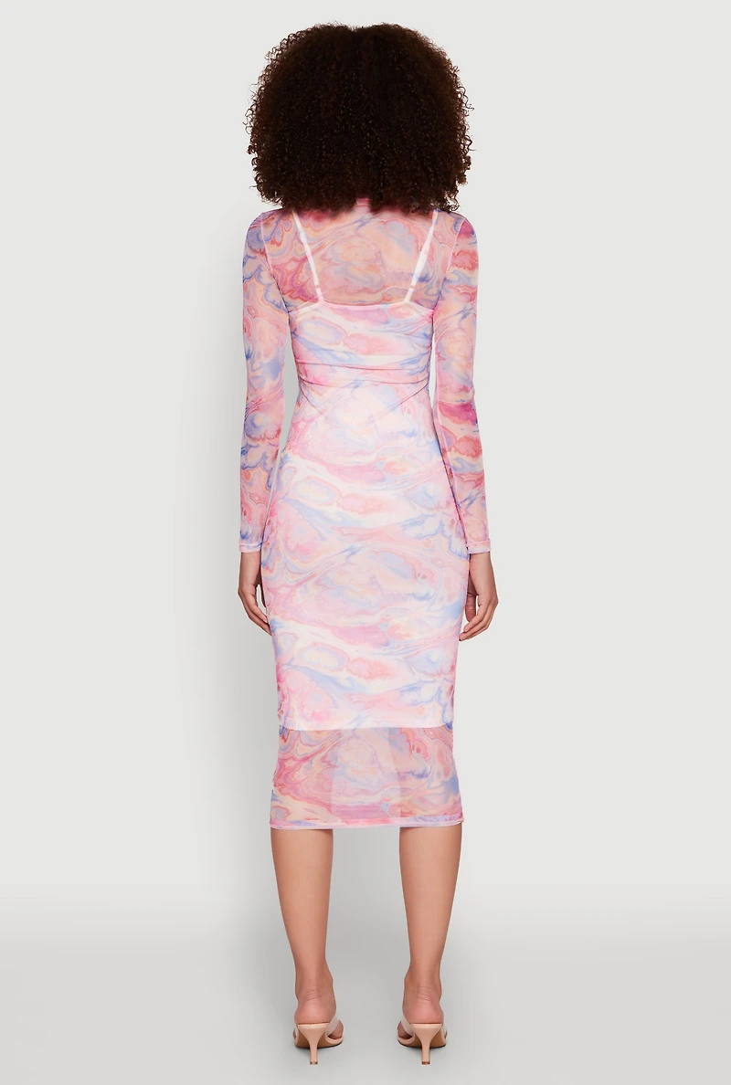 Womens Marble Print Mesh Long Sleeve Midi Dress, Multi, Size S
