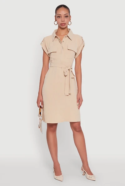 Womens Airy Tabbed Sleeve Shirt Dress with Tie Waist Belt,