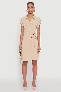 Womens Airy Tabbed Sleeve Shirt Dress with Tie Waist Belt,