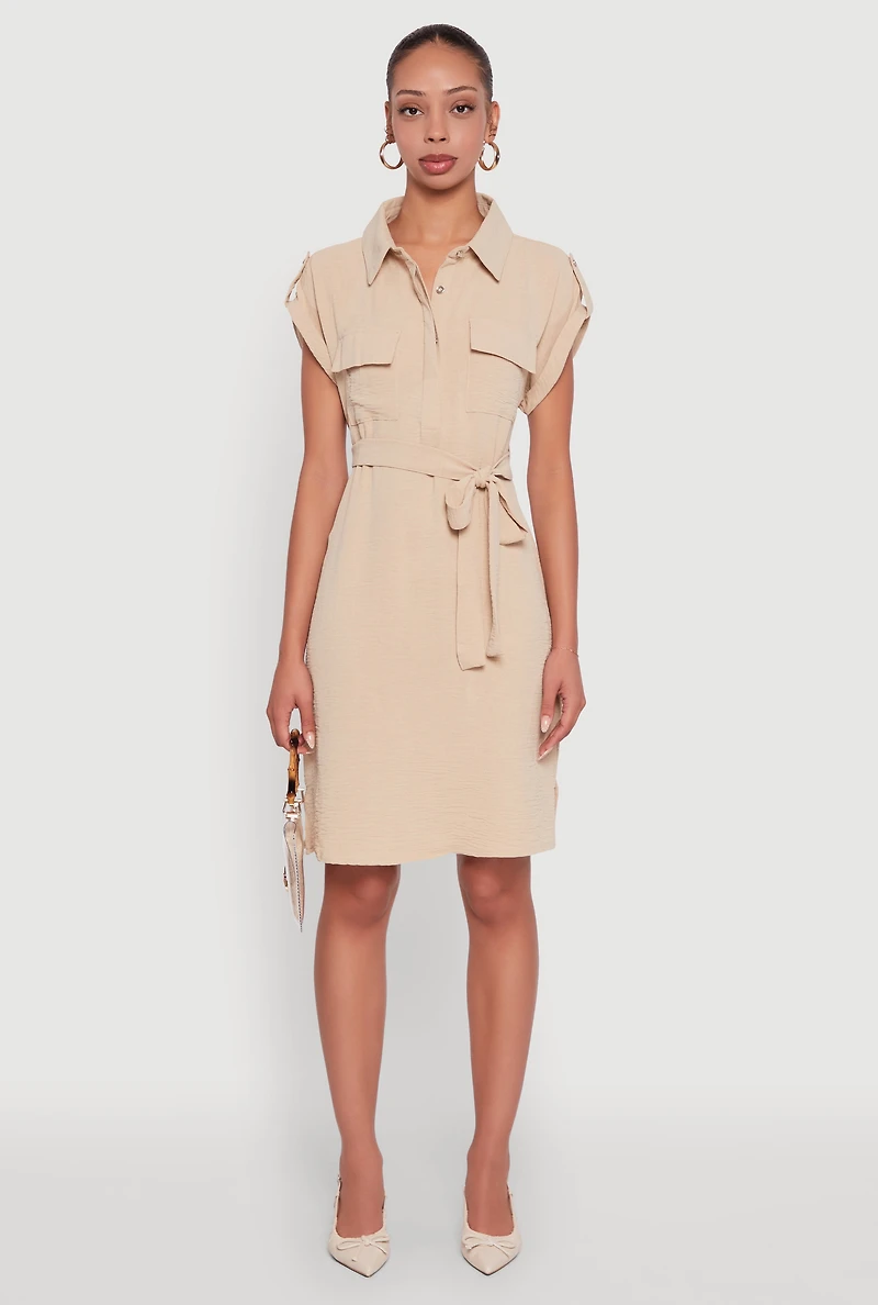 Womens Airy Tabbed Sleeve Shirt Dress with Tie Waist Belt, Beige,