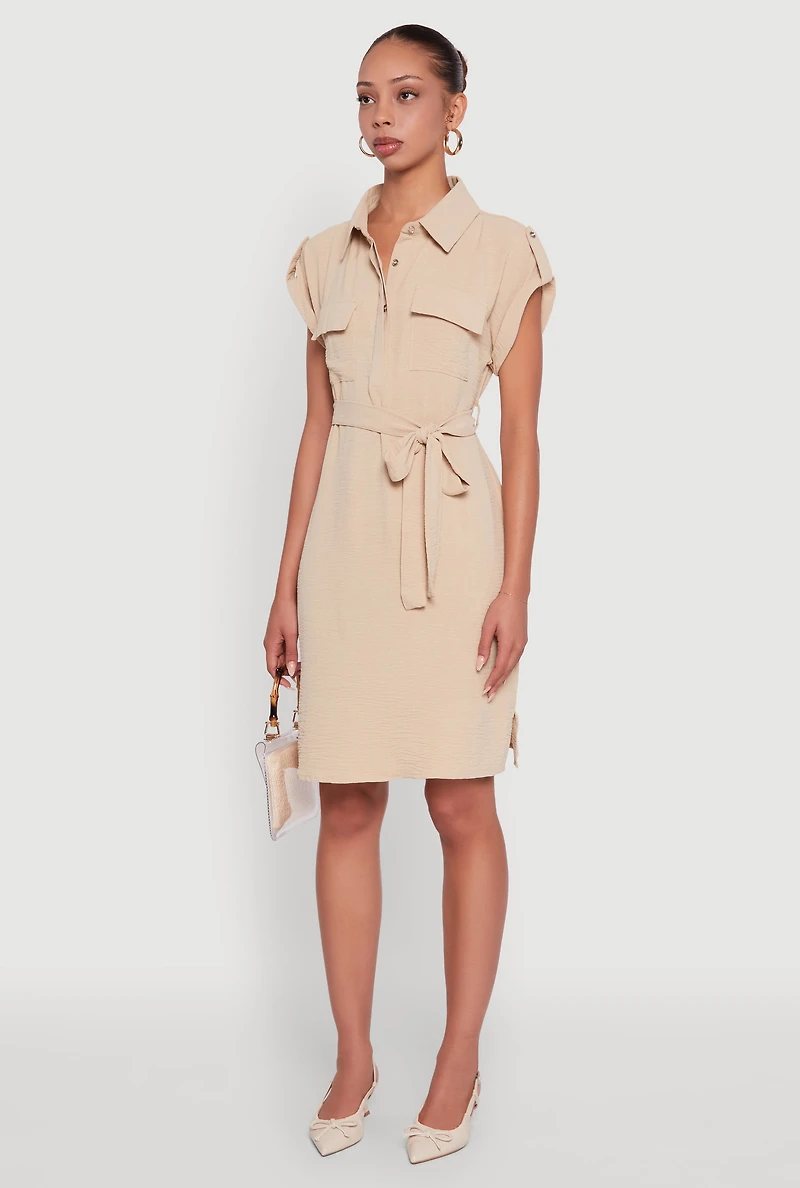 Womens Airy Tabbed Sleeve Shirt Dress with Tie Waist Belt, Beige,