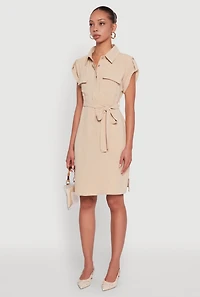 Womens Airy Tabbed Sleeve Shirt Dress with Tie Waist Belt, Beige,