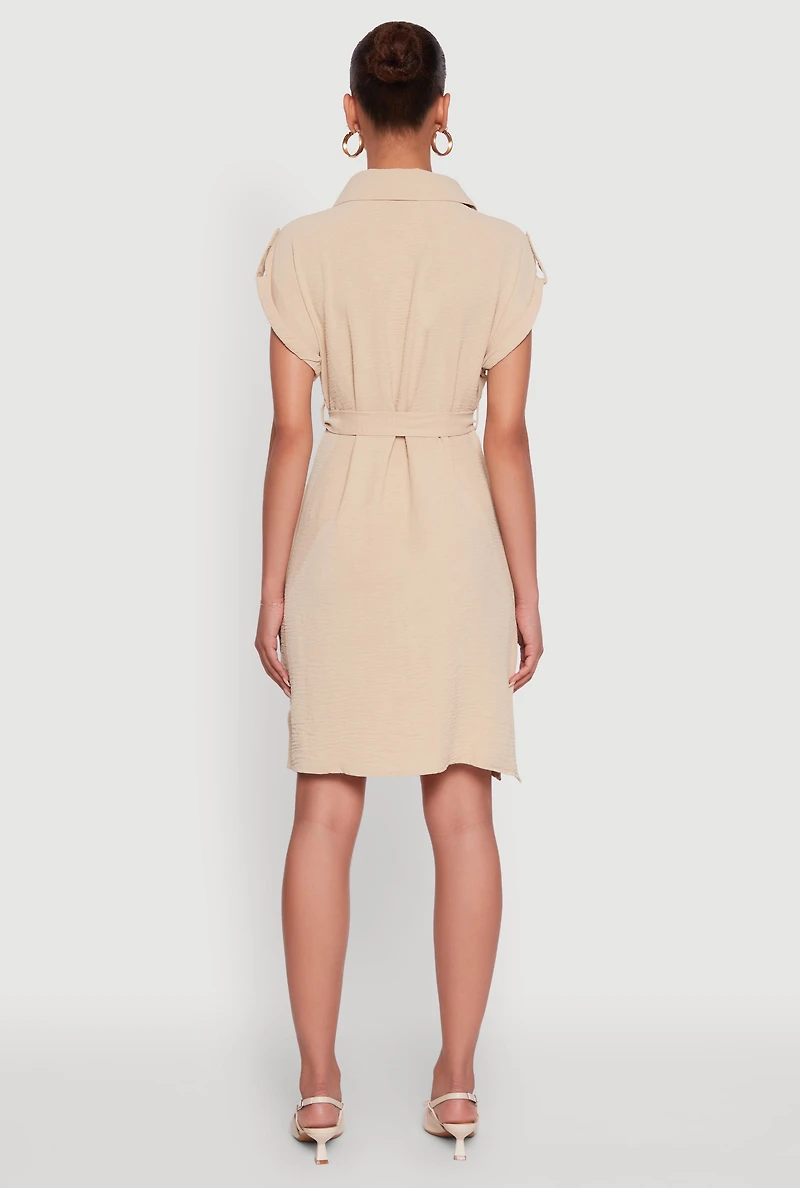 Womens Airy Tabbed Sleeve Shirt Dress with Tie Waist Belt, Beige,