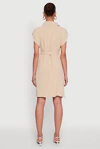 Womens Airy Tabbed Sleeve Shirt Dress with Tie Waist Belt, Beige,