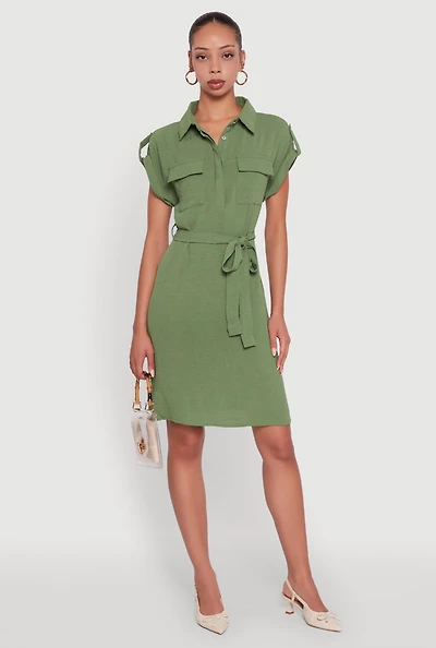 Womens Airy Tabbed Sleeve Shirt Dress with Tie Waist Belt, Green, Size S