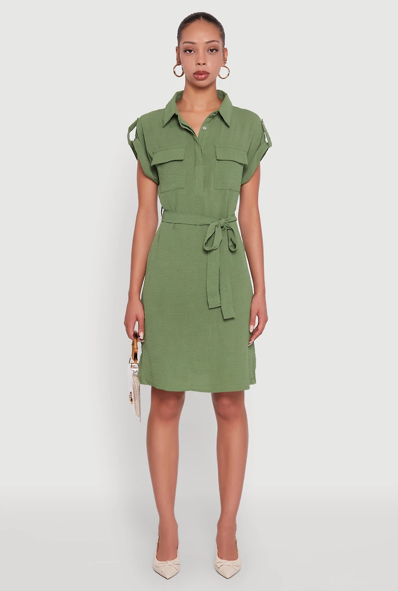 Womens Airy Tabbed Sleeve Shirt Dress with Tie Waist Belt, Green, Size XL