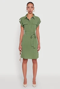 Womens Airy Tabbed Sleeve Shirt Dress with Tie Waist Belt, Green, Size XL