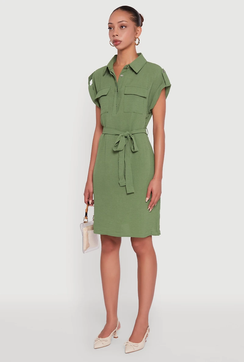 Womens Airy Tabbed Sleeve Shirt Dress with Tie Waist Belt, Green, Size XL