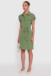 Womens Airy Tabbed Sleeve Shirt Dress with Tie Waist Belt, Green, Size XL