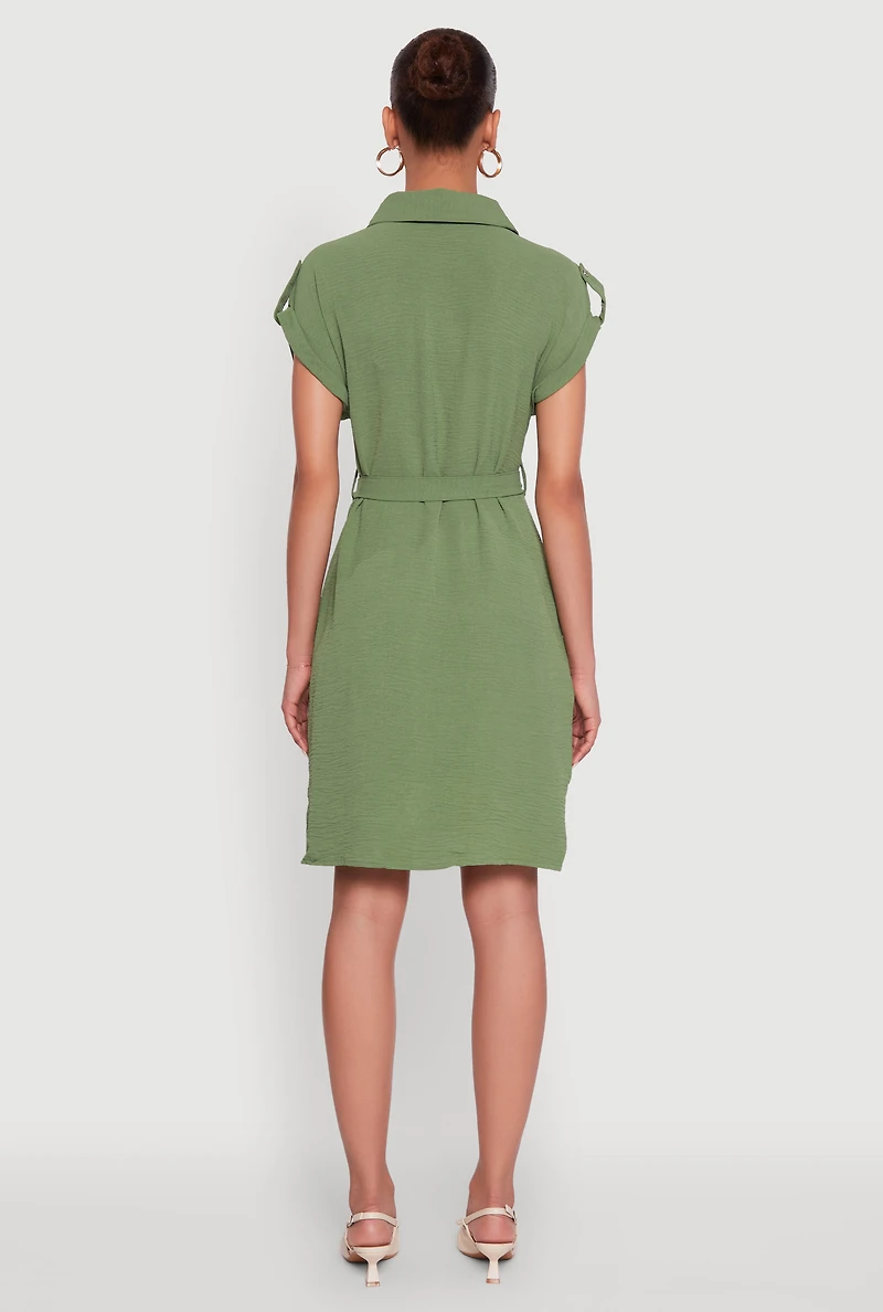 Womens Airy Tabbed Sleeve Shirt Dress with Tie Waist Belt, Green, Size XL