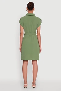 Womens Airy Tabbed Sleeve Shirt Dress with Tie Waist Belt, Green, Size XL