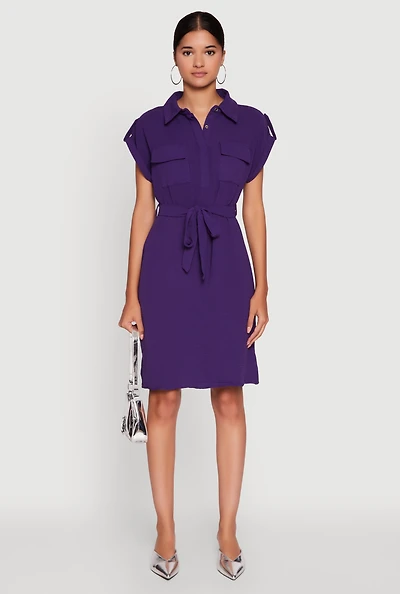Womens Airy Tabbed Sleeve Shirt Dress with Tie Waist Belt, Purple, Size M