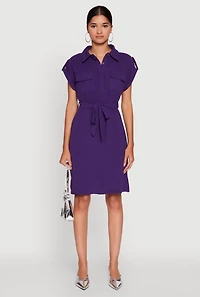 Womens Airy Tabbed Sleeve Shirt Dress with Tie Waist Belt, Purple, Size M