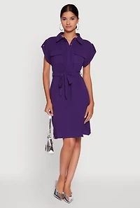 Womens Airy Tabbed Sleeve Shirt Dress with Tie Waist Belt, Purple, Size M