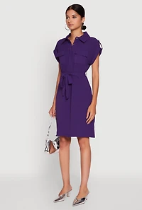 Womens Airy Tabbed Sleeve Shirt Dress with Tie Waist Belt, Purple, Size M