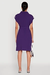 Womens Airy Tabbed Sleeve Shirt Dress with Tie Waist Belt, Purple, Size M