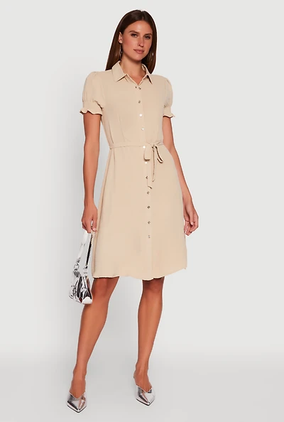 Womens Crepe Knit Puff Sleeve Shirt Dress, S